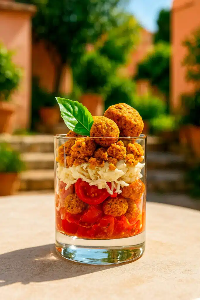 Caprese-Pomodoro-e-Mozzarella-Biscotti-Salatì-Pomodoro-e-Origano » Caprese Scomposta nel Bicchiere con crumble di SALATì pomodoro e Origano
