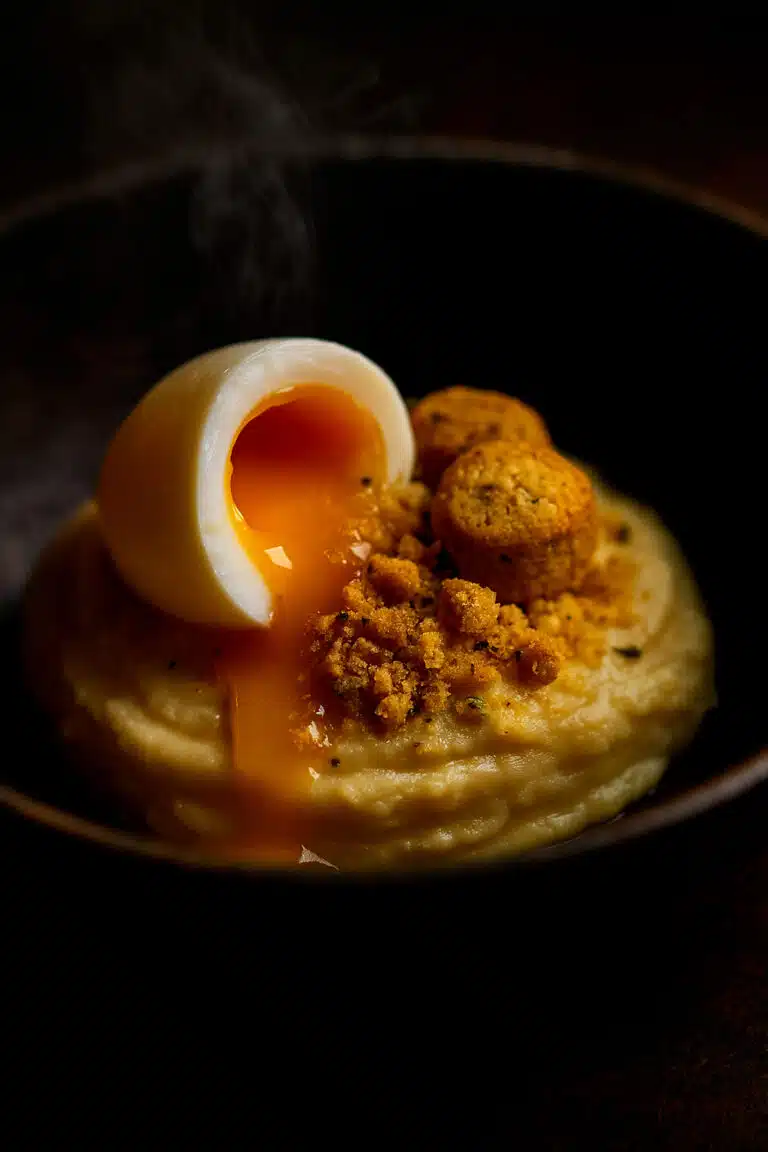 Uovo Barzotto, Crema di Patate e Crumble di Salatì all'Erba Cipollina Specialità Valerio Volpe